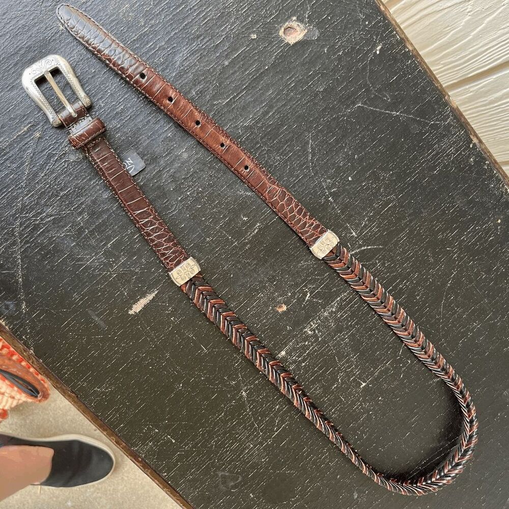 Brighton Brown Braided Leather Belt Silver Buckle & Accents L/34